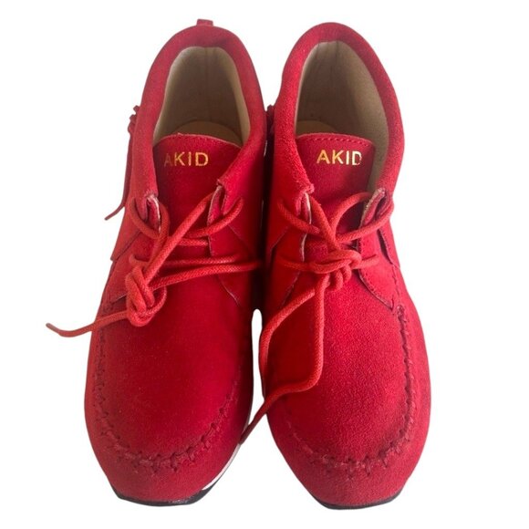 AKID Stone Red Nubuck Leather Moccasin Booties Ankle Boots Fringe A Kid Sz 1 1Y - Picture 5 of 10